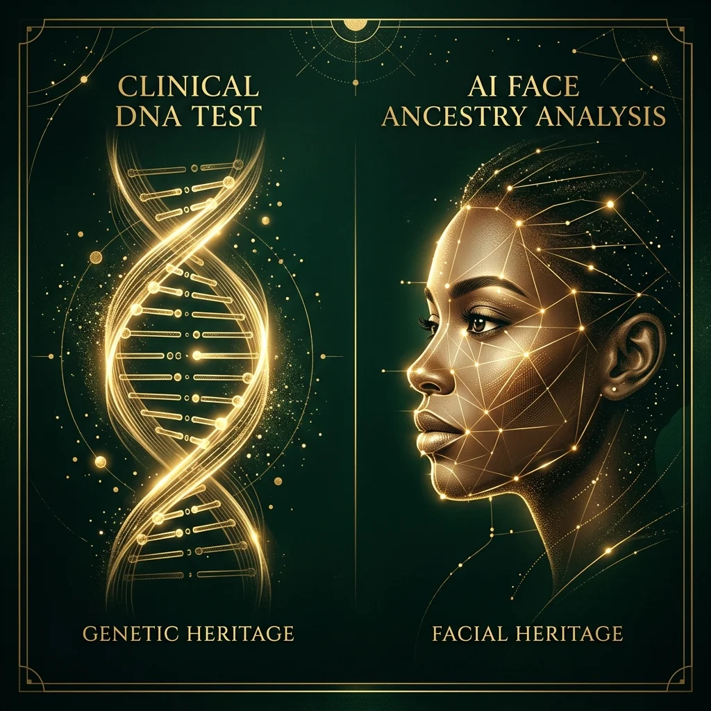Editorial illustration comparing visual face analysis with genetic ancestry research